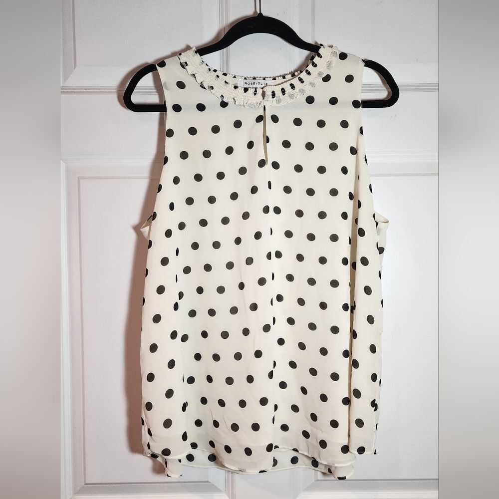 Rose + Olive Cream And Black Polka Dot Sheer Layered Sleeveless Blouse XL